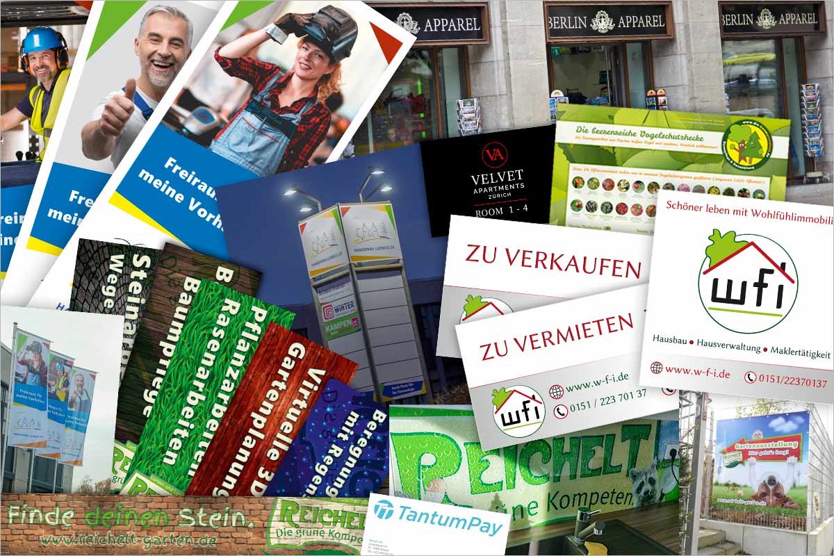Eine Bildcollage aus vielen Referenzen von gestalteten Werbebannern, Fahnen und Werbeschildern | Werbeagentur   am Bodensee