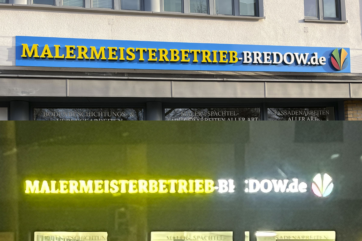 Referenz einer Leuchtreklame am Tag und bei Nacht von der Werbeagentur   am Bodensee