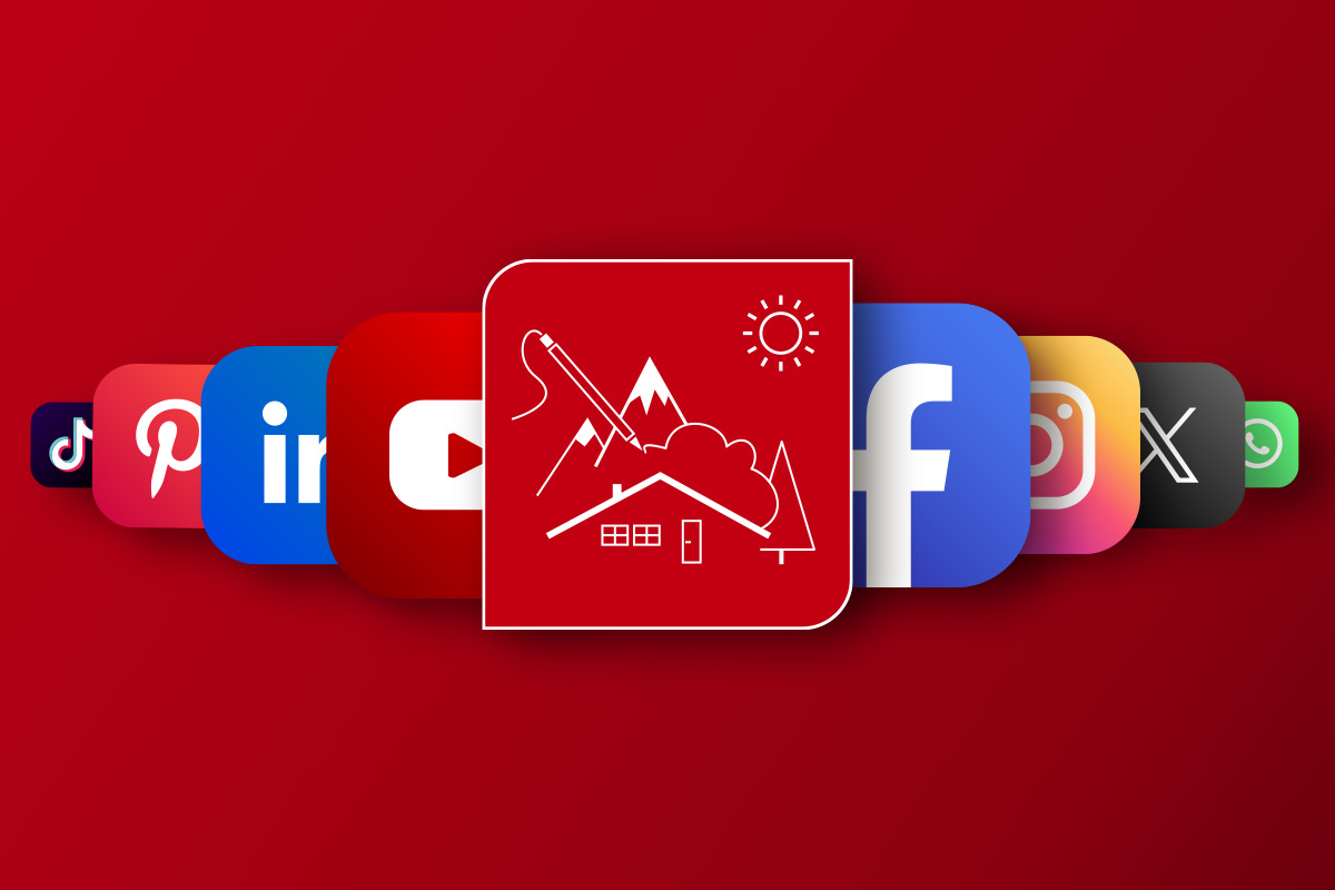 Bildcollage aus Logos der Social Media Plattformen mit dem Logo der Social Media Agentur  am Bodensee
