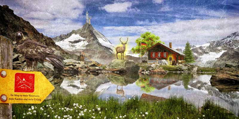 Bildcollage der Werbeagentur in einer fantasievollen Bergkulisse